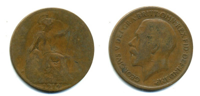 Великобритания 1 пенни 1919 Георг V (1910-1936) KM 810, Spink 4051 бронза 41-323