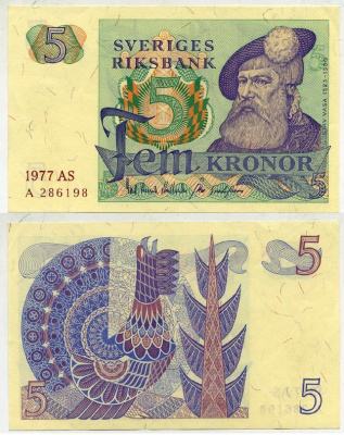 Швеция 5 крон 1977 AS, Густав I Ваза Pick 51d бумага aUNC 444-144-2