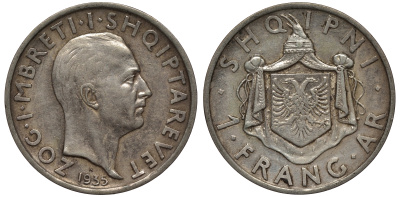 Албания 1 франга ари 1935 R, Ахмет Зогу I (1928-1939) KM 16 серебро 441-1133