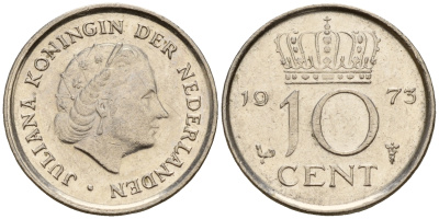 Нидерланды 10 центов 1973 Юлиана (1949-1980) KM 182 никель    4598-315