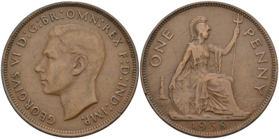 Великобритания 1 пенни 1938 Георг VI (1936-1952) KM 845, Spink 4114 бронза 4117-1225