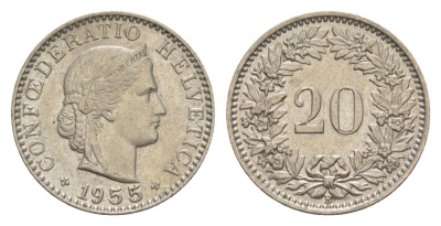 Швейцария 20 раппенов 1955 B KM 29a медно-никель 4625-1054