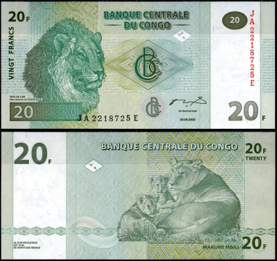 ДР Конго 20 франков 2003 львы Pick 94 a бумага UNC (пресс) 7183-43-2-1