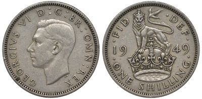 Великобритания 1 шиллинг 1949 Георг VI (1936-1952), Шотландский герб KM 877, Spink 4109 медно-никель 4128-742