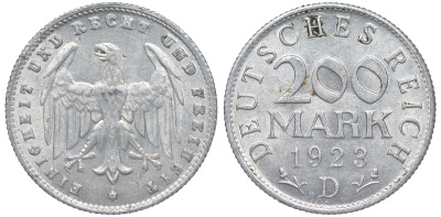 Германия 200 марок 1923 D KM 35, J. 304, Weege 22 алюминий 4604-621
