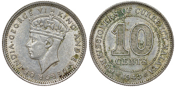 Британская Малайя 10 центов 1943 Георг VI (1937-1952) KM 4a серебро 53-231