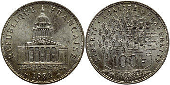 Франция 100 франков 1982 пантеон KM 951.1 серебро aUNC 633-1034