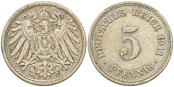 Германия 5 пфеннигов 1911 A KM 11, J. 12, Weege 6 медно-никель 206-967