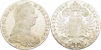 Австрия 1 талер 1780 SF, Мария Терезия, официальный рестрайк KM Т1 серебро aUNC 413-1142