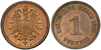 Германия 1 пфенниг 1875 A, Вильгельм I (1871-1888) KM 1, J. 1 медь aUNC 1525-334