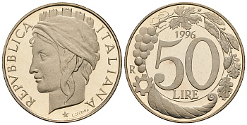 Италия 50 лир 1996 R KM 183 медно-никель PROOF 1099-3-73
