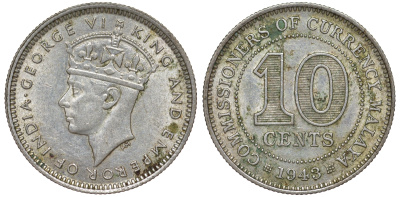 Британская Малайя 10 центов 1943 Георг VI (1937-1952) KM 4a серебро 53-231