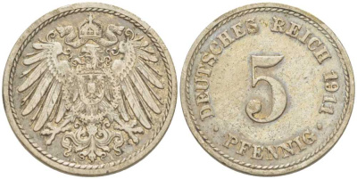 Германия 5 пфеннигов 1911 A KM 11, J. 12, Weege 6 медно-никель 206-967