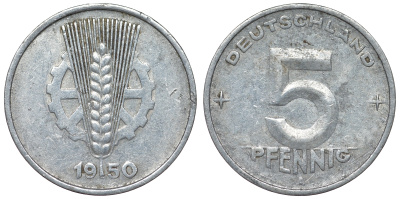 ГДР 5 пфеннигов 1950 A KM 2 алюминий 4119-821