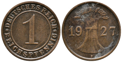 ГЕРМАНИЯ 1 РЕЙХСПФЕННИГ 1927 F KM 37, J. 313 бронза 39-946