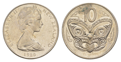 Новая Зеландия 10 центов 1980 Елизавета II (1952-2022), маска маори KM 41 медно-никель 4652-644