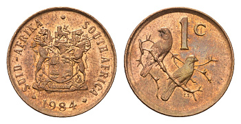 ЮАР 1 цент 1984 герб, капские воробьи KM 82 бронза UNC 4690-1236