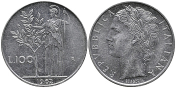 ИТАЛИЯ 100 ЛИР 1962 R, АФИНА KM 96.1 сталь 32-946