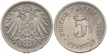 ГЕРМАНИЯ 5 ПФЕННИГОВ 1914 A, KM 11, J. 12 медно-никель 73-1512