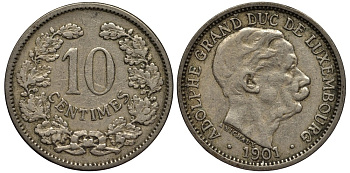 ЛЮКСЕМБУРГ 10 САНТИМОВ 1901 ВЕЛИКИЙ ГЕРЦОГ АДОЛЬФ (1890-1905) КМ 25 медно-никель 4538-654