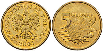 Польша 5 грошей 2005 MW KM 278, Parchimowicz 703l латунь 4580-557
