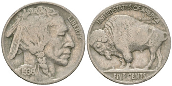 США 5 центов 1936 индеец, бизон KM 134 медно-никель 4614-1244