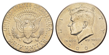 США 1/2 доллара (50 центов) 2001 P, Джон Кеннеди KM A202b медь плакированная медно-никелем aUNC 4517-1024