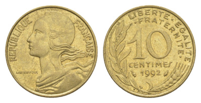Франция 10 сантимов 1992 тип Morlon KM 929, Le Franc 144.33 алюминиевая бронза UNC 4630-365