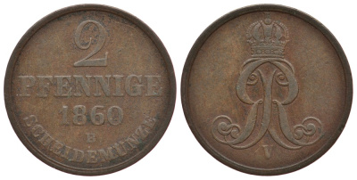 ГАННОВЕР 2 ПФЕННИГА 1860 KM 234, Jaeger 91, AKS 153 медь 413-3713