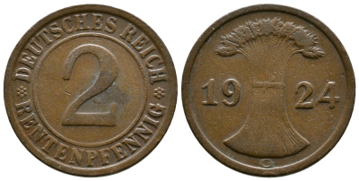 ГЕРМАНИЯ 2 РЕНТЕНПФЕННИГА 1924 G KM 31, J.307 бронза 86-1447