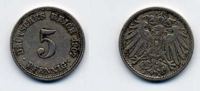 ГЕРМАНИЯ 5 ПФЕННИГОВ 1907 A, KM 11, J. 12 медно-никель 84-1511