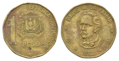 Доминиканская Республика (Доминикана) 1 песо 1993 Хуан Пабло Дуарте KM 80.2 латунь 4663-914