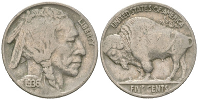 США 5 центов 1936 индеец, бизон KM 134 медно-никель 4614-1244