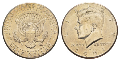 США 1/2 доллара (50 центов) 2001 P, Джон Кеннеди KM A202b медь плакированная медно-никелем aUNC 4517-1024