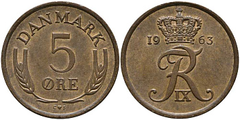 ДАНИЯ 5 ЭРЕ 1963 C; S, ФРЕДЕРИК IX (1947-1972) KM 848.1 бронза 31-544