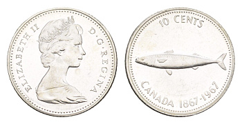 Канада 10 центов 1967 рыба, 100 лет Конфедерации Канада, Ссеребро 0.800, вес 2,3 гр, диаметр 18,3 мм KM 67 серебро BU 4651-331