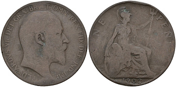 Великобритания 1 пенни 1902 Эдуард VII (1901-1910) KM 794.1, Sp 3990A бронза 4144-732