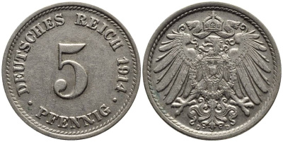 ГЕРМАНИЯ 5 ПФЕННИГОВ 1914 D KM 11, Jager 12, Weege 6 медно-никель 4547-541