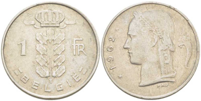 БЕЛЬГИЯ 1 ФРАНК 1962 BELGIE, БОДУЭН I (1951-1993) KM 143.1 медно-никель 213-331