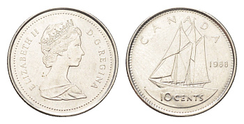 Канада 10 центов 1988 Елизавета II (1952-2022), парусник KM 77.2 никель 4705-662