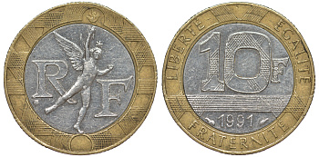 Франция 10 франков 1991 тип гений Бастилии KM 964.1, Le Frank 375.6 биметалл 45-923