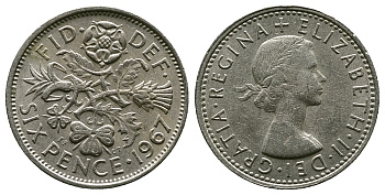 Великобритания 6 пенсов 1967 Елизавета II (1952-2022) KM 903, Spink 4149 медно-никель 4381-869