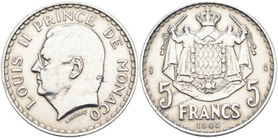 Монако 5 франков 1945 Луи II (1922-1949) KM 122  алюминий    4168-132