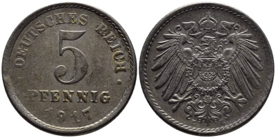 ГЕРМАНИЯ 5 ПФЕННИГОВ 1917 E KM 19, Jager 297, Weege 5 железо 4547-564