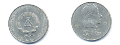 ГДР 20 марок 1972 А, Фридрих Шиллер (1759-1805) KM 40 медно-никель 3333-811