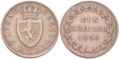 Нассау 1 крейцер 1838 KM 51 медь 4613-526