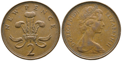 Великобритания 2 пенса 1971 Елизавета II (1952-2022) KM 916, Spink 4235 (C1) бронза 89-1445