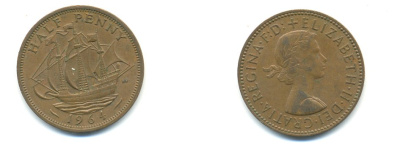 Великобритания 1/2 пенни 1964 Елизавета II (1952-2022) KM 896, Spink 4158 бронза 59-1213