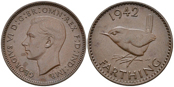 Великобритания 1 фартинг 1942 Георг VI (1936-1952) KM 843, Spink 4116 бронза 26-1458