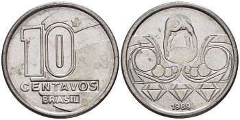 Бразилия 10 сентаво 1989 золотодобыча KM 613 нержавеющая сталь 116-1238